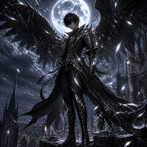 Create an original anime-style male Fallen Angel, around 18–20 years old, tall, athletic and handsome, with messy black hair and glowing silver eyes.  He wears elegant black and silver armor combined with a long dark coat. Intricate silver patterns cover the armor, while subtle cracks of glowing white energy run across his chest and arms.  Two enormous black wings extend from his back, with individual feathers clearly visible. Small silver particles and glowing feathers float around him.  He stands on the edge of a ruined cathedral high above a dark city, with a massive moon behind him and clouds moving across the sky. His expression is calm and powerful, as if he has fallen from heaven but still possesses immense strength.  Dark fantasy anime style, cinematic moonlight, black and silver color palette, detailed feathers and armor, dramatic atmosphere, powerful composition, full-body character, highly detailed, original character design, no existing character, no text, no watermark.