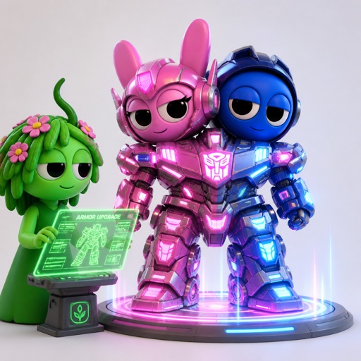 Vineria from Sprunki watching Pinki from Sprunki as Elita One merged with Jevin from Sprunki upgrading the twos shared armour to be more powerful and more durable 