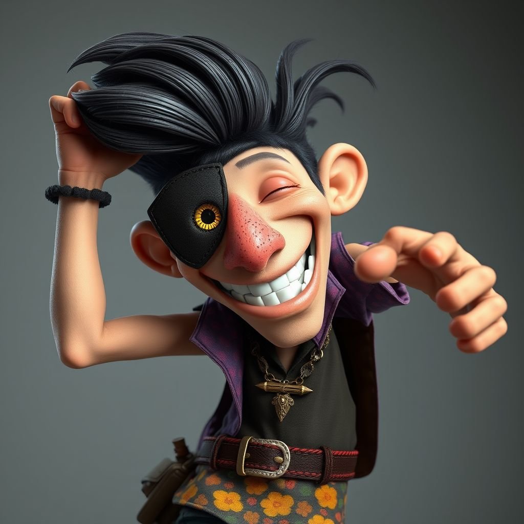 Create a funny adult guy name one eye Willy, who has one eye patched, show entire body head to toe 