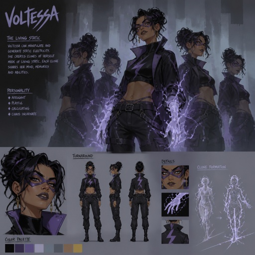 Female supervillain with static abilities, mask,nose ring, BPD, multiple of the same character 