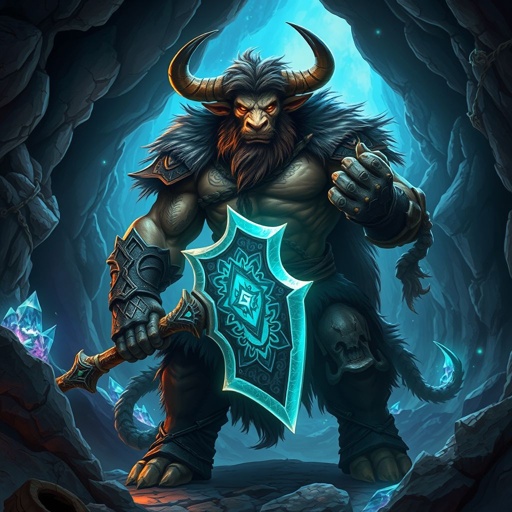 DnD 3.5e Minotaur holding a massive glowing great axe standing alone in a cave