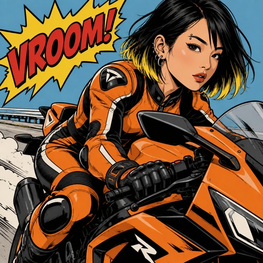 Asian female with straight black neck length hair, yellow tips, side bangs on one side, eyebrow piercing, under eye mascara, ear piercing, motorcycle clothes orange, on a motorcycle posing