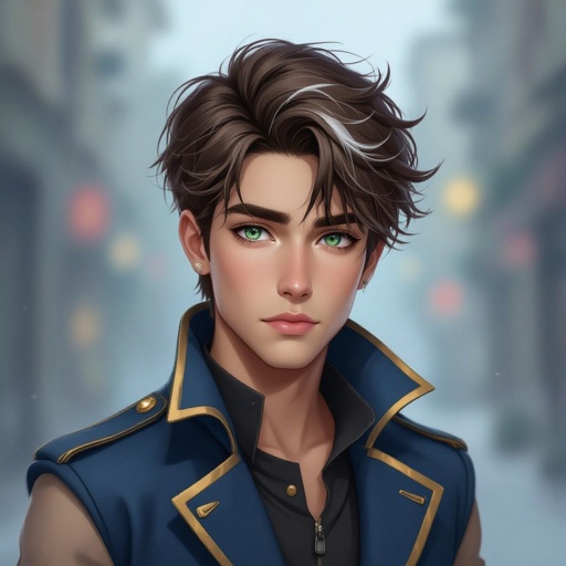 Male 19-year old with Light brown hair with a streak of white in his hair with one green eye and one black eye. He wears a sleeveless blue long coat with a gold outline  