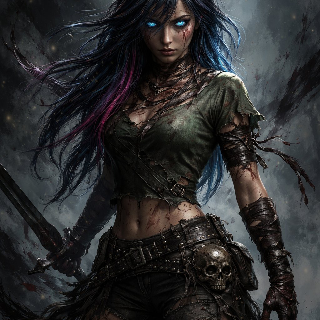 A 24 year old girl who has blue hair with pink stripes and has blue eyes. She looks strong and ready to fight. She is wearing a green shirt and black pants.