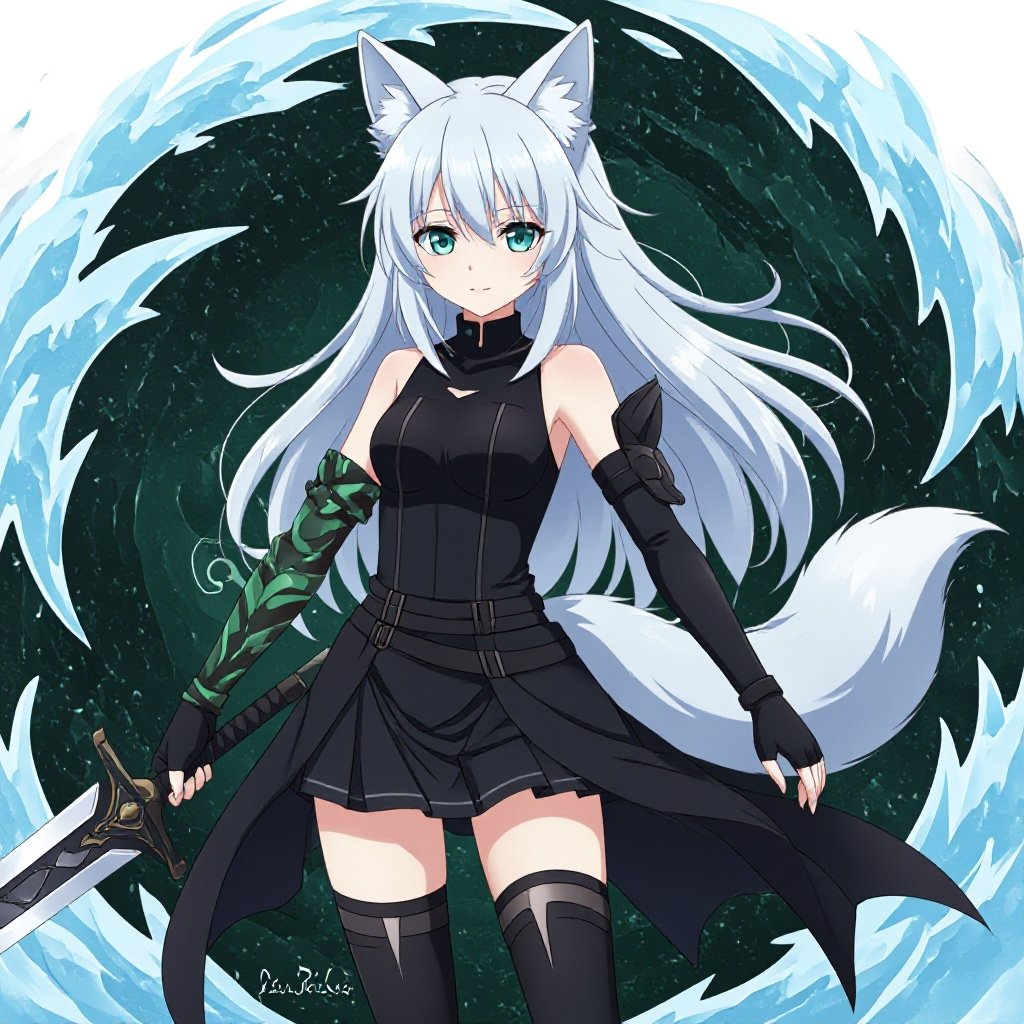 A pale teenage girl wearing black, has medium white hair, has large fox ears and a fluffy tail and a dark green and brown ancient right arm with a black glove on her left arm holding a sword of ice with a black-ish background with ice swirling around her
