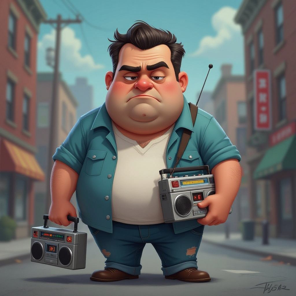 Create a funny fat guy who isnt friendly from New York  has a boom box radio and is a stoner 