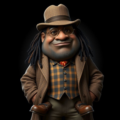 Create a funny fat character similar to Sherlock Holmes, but make him of black decent and with dread locks. Show his whole outfit including his shoes.