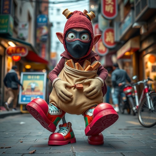 Create a funny looking clumsy thief with funny shoes on. Make him have on the bandit black thing around his eyes. And wanted for stealing sandwiches 