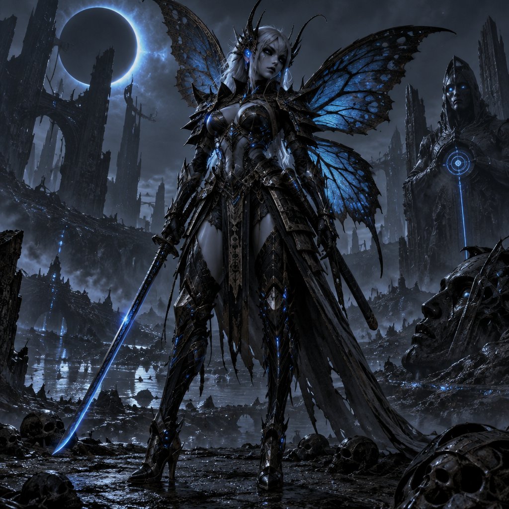 A gorgeous alien butterfly woman in a futuristic space samurai armor. Show whole body.