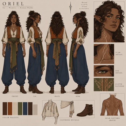 Character design sheet of Aurelia, an adult fae woman in her late twenties. Cinnamon-brown skin, Mediterranean and Arab features, wide green eyes, sharp nose, small nostril ring and septum ring, multiple ear piercings. Long, voluminous dark wavy-to-curly hair, full but soft. Faint pale white scar-like lines across her skin, like a white tattoo on dark skin tracing the paths of her veins along her arms, neck, and collarbones. Wearing loose deep blue linen barrel leg pants and a loose quarter length linen shirt with burnt orange, cream, and warm green accents. 