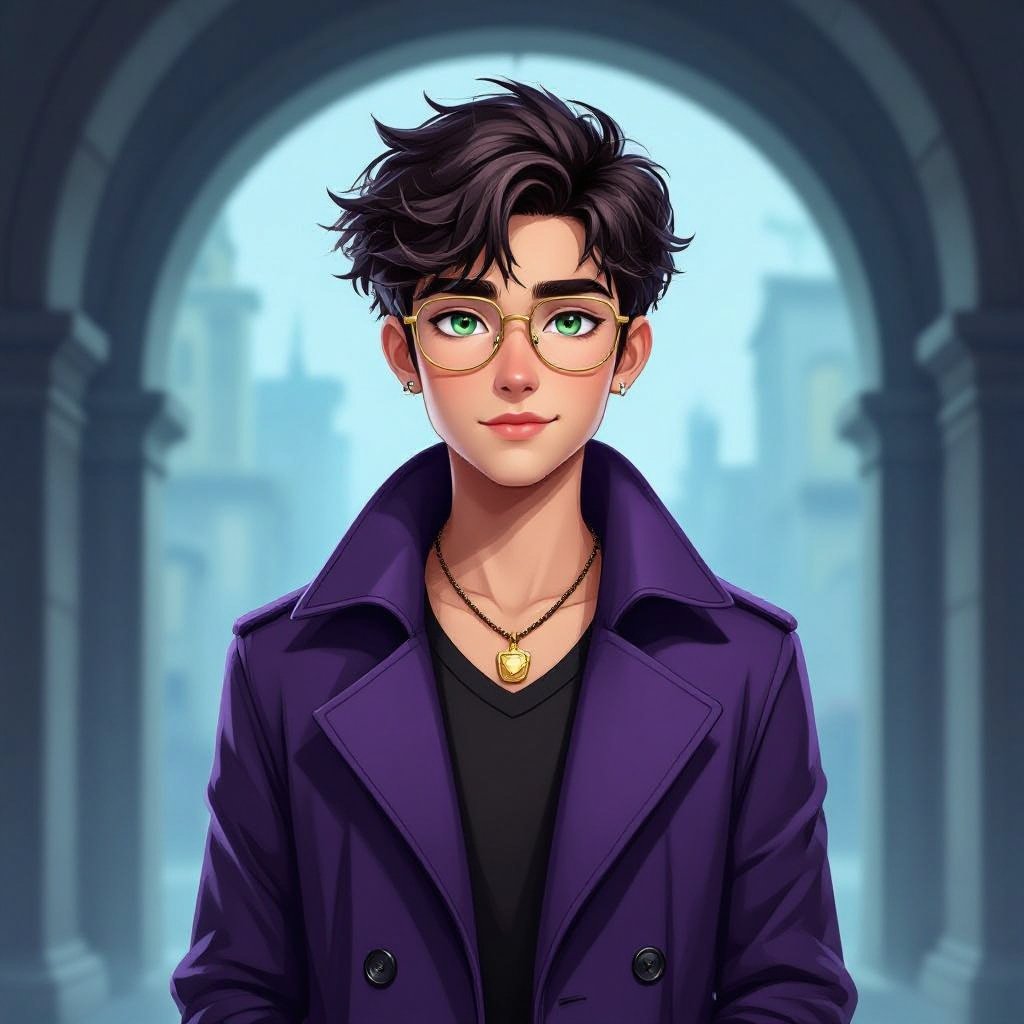 Male 17-year old Dark hair with greenish bluish eyes wears purple longcoat with gold outline square glasses slightly chubby cheeks and a necklace