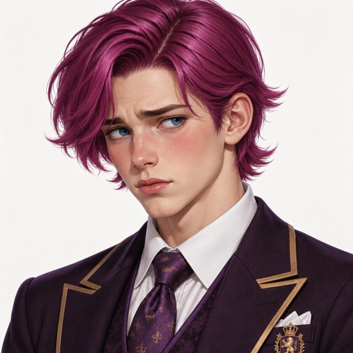 Male name Andrew, rich boy, isolated till he was 16, has neat neck long swooped on left side the bottom of his hair is stick up and pointy looking both sides fuchsia purple hair, deep beautiful Azure eyes,gives sassy look at people, shy, quiet, easily overwhelmed, only friend is his next door neighbors son whose name is jack the lead star of baseball team and jack has a girlfriend named rose