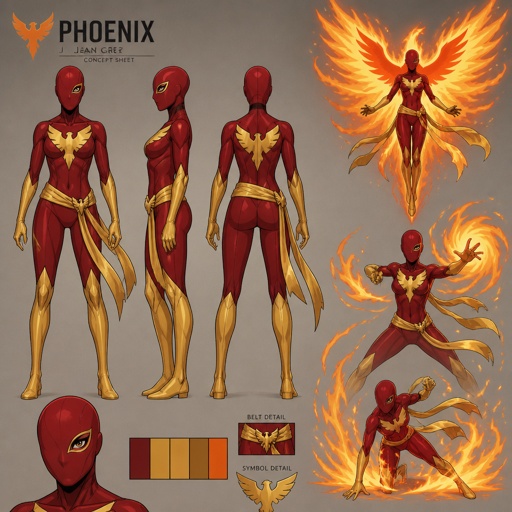 Female superhero with phoenix powers, mask covering whole face except one eye, multiple of the same character 