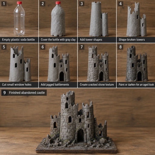 Instructions on how to make an abandoned castle made from a soda bottle and clay