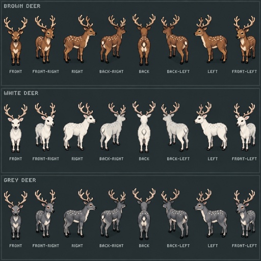 Animal deer for a fantasy game set in modern times, top-down style, 360, different colors