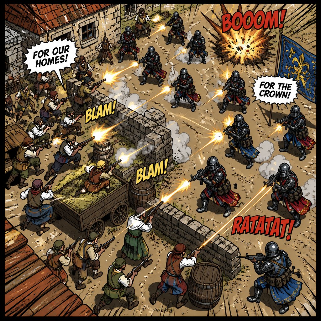 A battle between people dressed as Renaissance peasants with guns and modern soldiers, dressed in renaissance robes with full helmets and battle gear we see them from a drones view high above