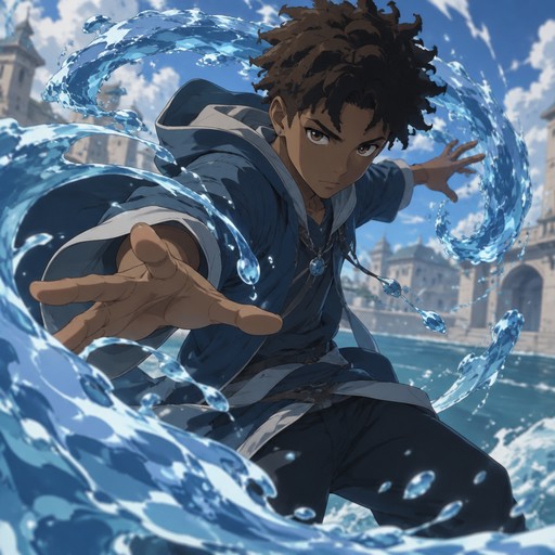 a brown boy teenager who has water powers anime style