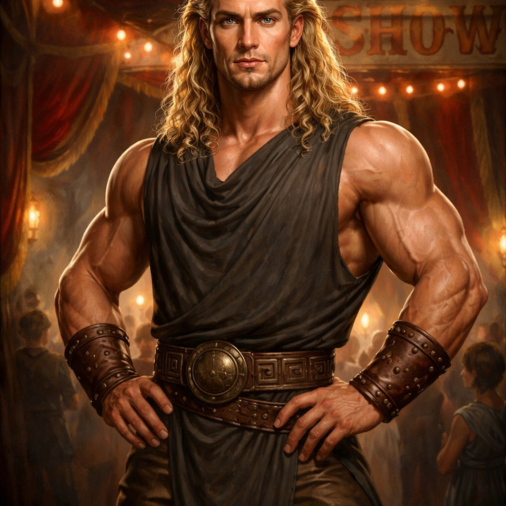 A tall well~proportioned male, so handsome he looks like a Greek god with muscles. With deep-set blue eyes and strong brows, hinting at inner depth“. His hairstyle is a blonde mullet. He works at freak show as a strong man. His outfit consistsed of a Charcoal-toned sleeveless Greek tunic, thick leather belt, leather wristbands/cuffs, brown pants.
