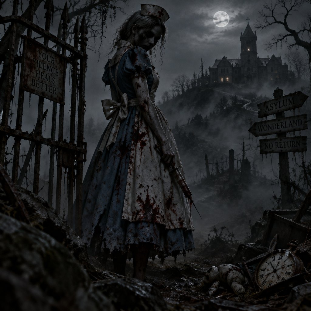 Silent hill with the nurse from the silent hill movie but in Alice’s dress from Alice in wonderland