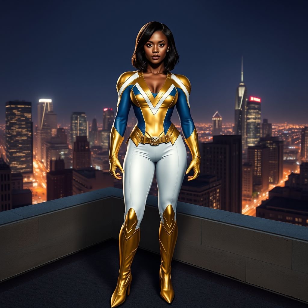 African American female superhero with shoulder length hair in a side part style wearing a gold and white suit with blue accents with white pants and gold boots with a stylized V as her chest emblem standing ona roof in a Philadelphia at night