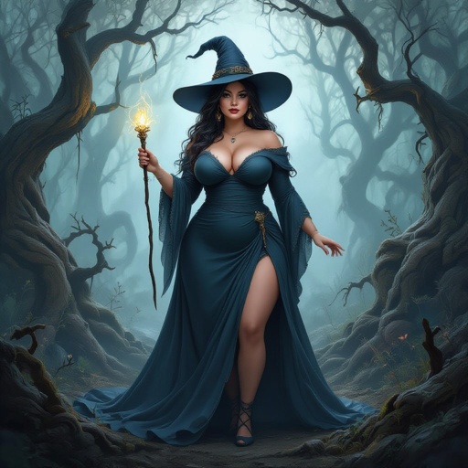 A full body portrait of a curvey plus size witch with long hair and a very dark grey-blue witch hat that matches with her dress, with a small wand in her hand, standing in a rotting forest