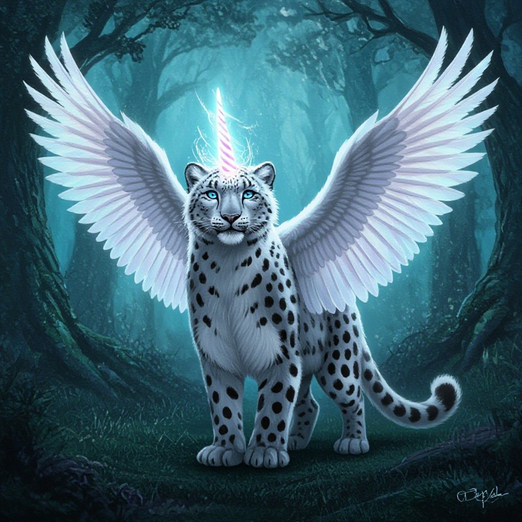 Snow leopard with unicorn horn and wings 