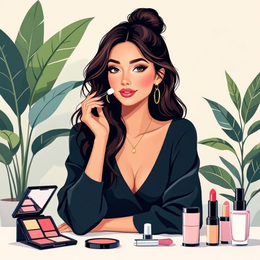 Create a character showing there whole body head to toe, a lady who loves beauty products  