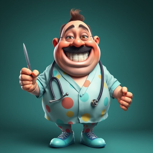 create a fat doctor. Who is funny human looking from head to toe. And he always immediately results to surgery for anything even small things. So please be sure to show his whole outfit head to toe. Make him have funny teeth 