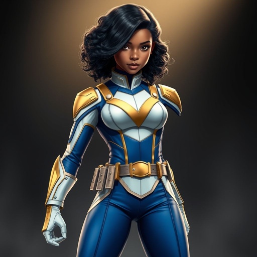 A teenage African American female with shoulder length curly hair  in a side part style superhero  wearing a mask and a professionally made slightly armored white and blue suit with blue pants gold accents and a stylized V as her chest emblem a utility belt and gold boots
