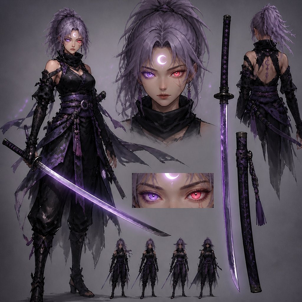a drawing of a woman with purple hair holding a sword