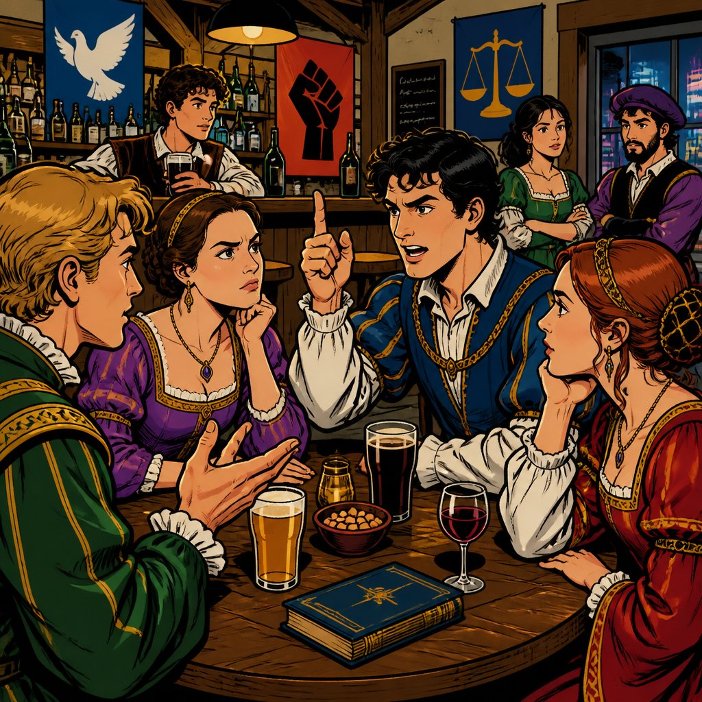 A group of young adults, dressed in renaissance robes, male and female are arguing politics. They’re in a tavern drinking beer. The Tavern is very modern the scene the setting is very modern. Realistic no caricature no speech bubble.