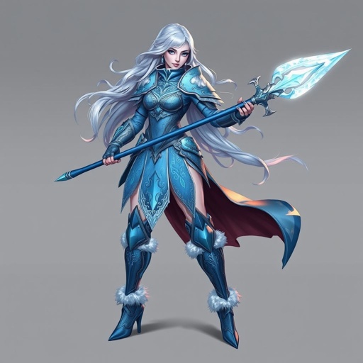 Create a battle woman hero called Alvara the Frostheart. Show full body head to toe including shoes