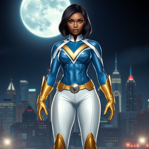 A young African American female superhero with shoulder length hair in a side part style wearing a  blue and white suit made of a leather like spandex material with gold accents with white pants and gold boots with a stylized V as her chest emblem  standing ona roof in a Philadelphia at night 
