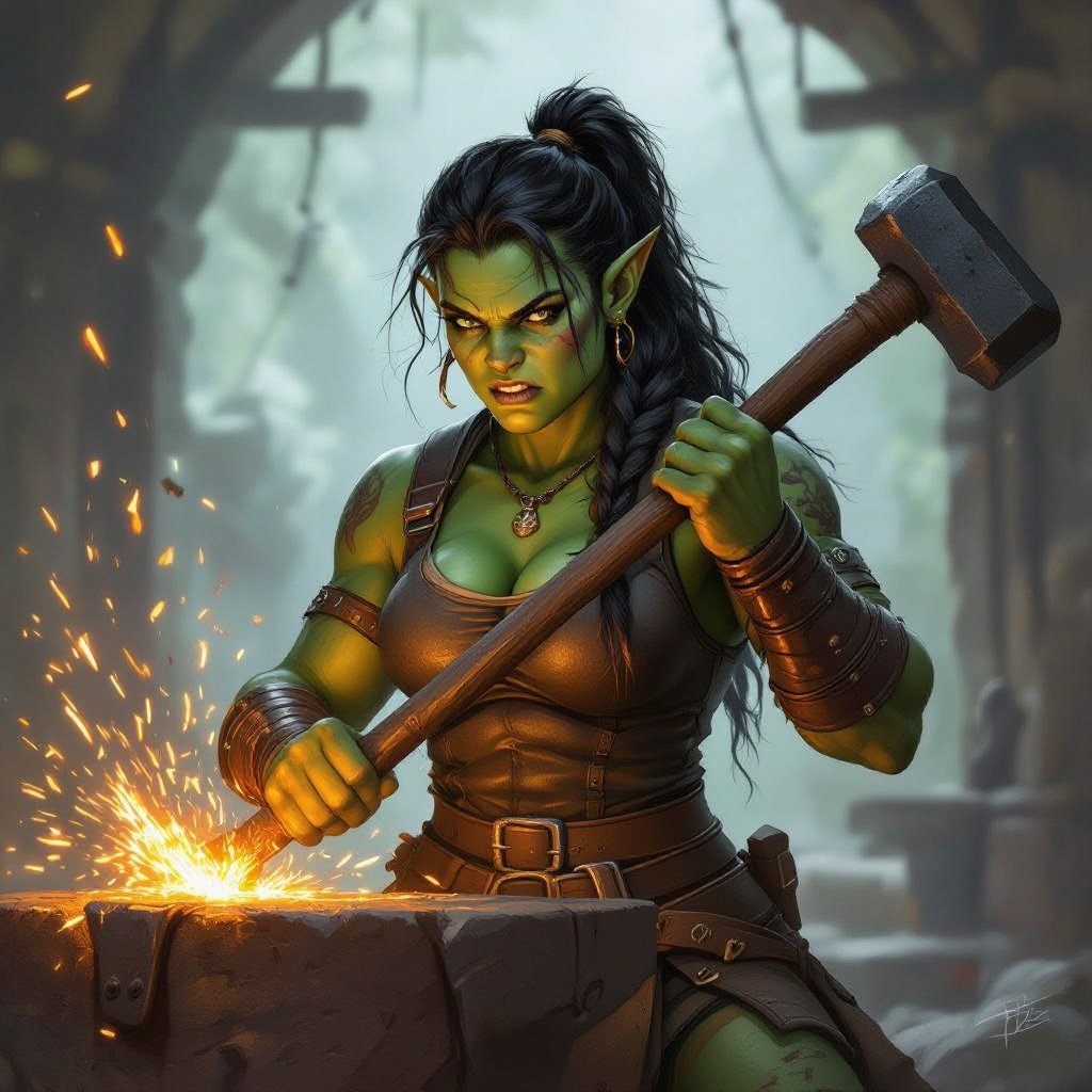 A female half orc blacksmith