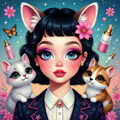 Create a business owner character showing there whole body head to toe, a lady who loves beauty products