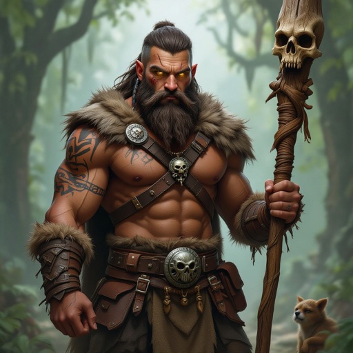 Kael the Beastbound – A rugged, broad-shouldered man with brown skin and a rough beard, wearing armor made from bone and leather. deep green eyes tattoos of animal tracks spiral down his arms. He carries a massive wooden staff carved with the shapes of beasts, and small creatures often perch on his shoulders or follow at his feet.