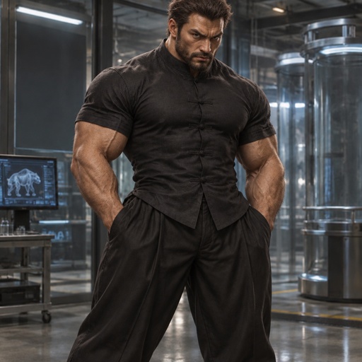 a man in a black shirt and pants standing in a room