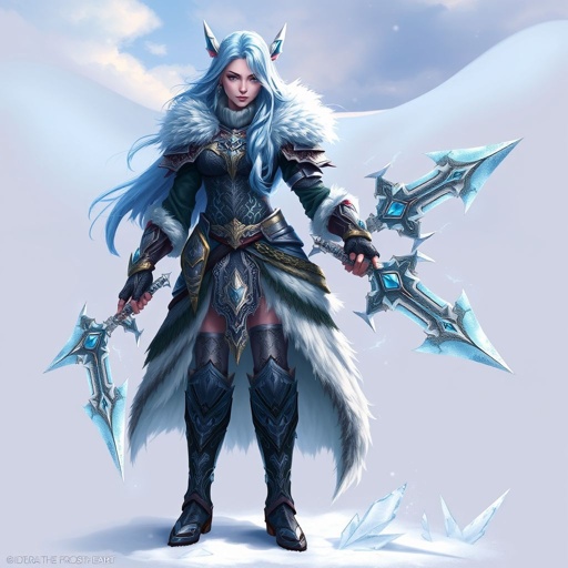 Create a battle woman hero called Alvara the Frostheart. Show full body head to toe including shoes