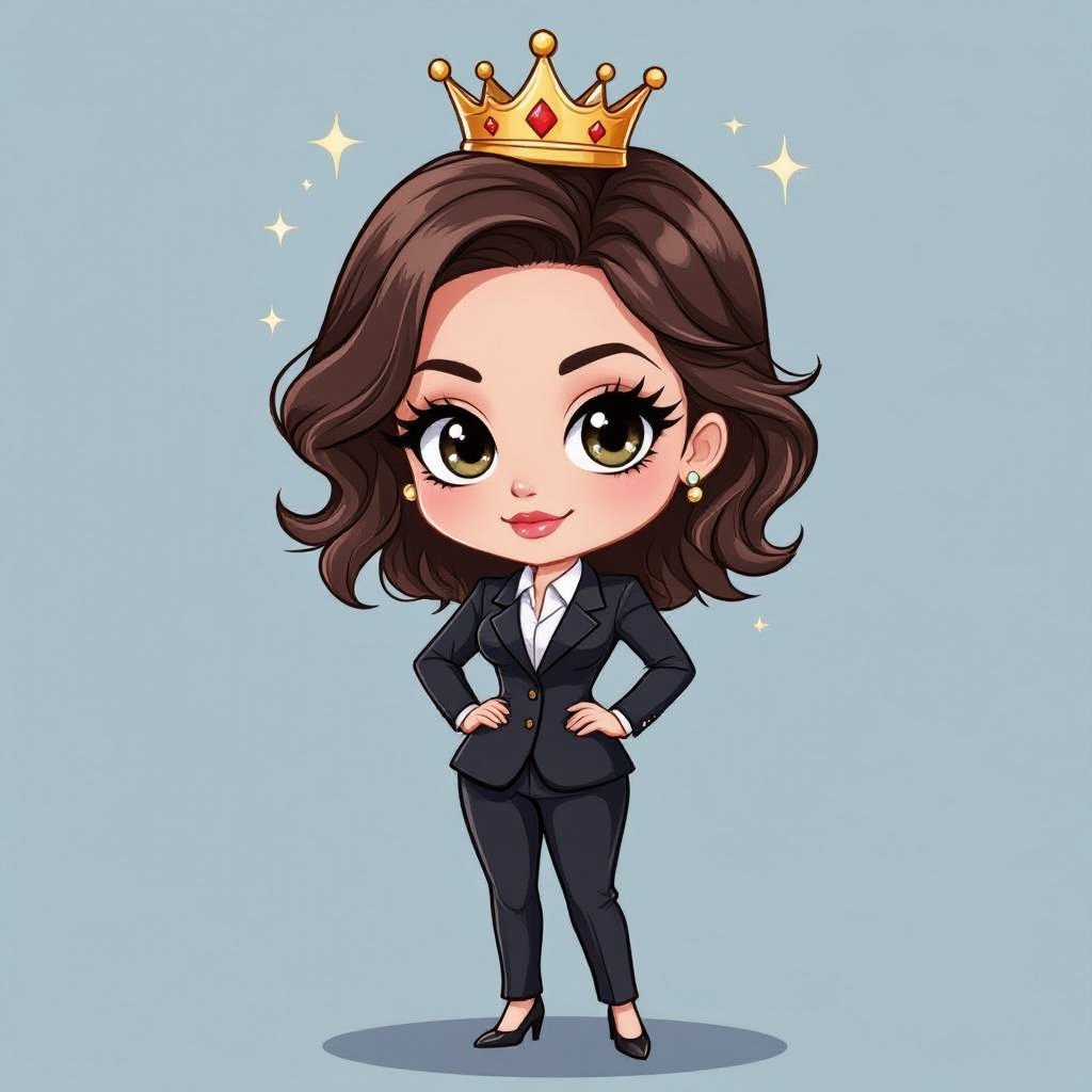 Create a chibi character mid 30’s lady who is in a suite with hands on waste