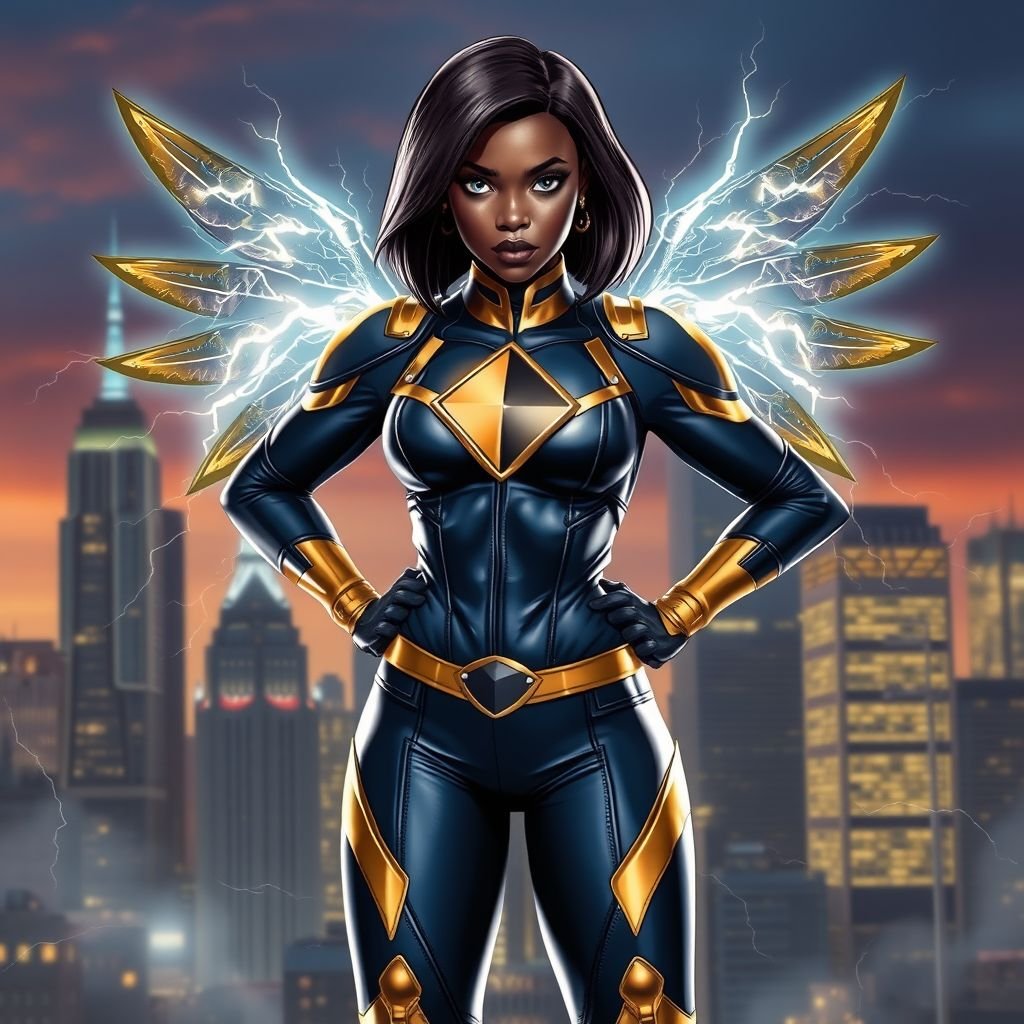 African American female superhero with hair in a shoulder length side part hairstyle with pure silver Glowing eyes wearing a leather slightly armored navy blue and gold suit with navy blue pants and gold boots with a diamond with the top half gold and the bottom half black her chest emblem with wings made of lightning in Philadelphia