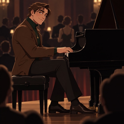 Male, brushed back slightly messy brown hair, two hair strands in face, brown eyes, brown nice jacket, green turtleneck, gold necklace, black pants, nice shoes, smirk, playing piano in front of audience 