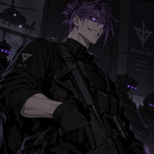 Anime style, Agent Ward male, made to be a weapon, highly skilled, emergency backup case he gets out of control, hair violet messy bun, clean shaven, night vision eyes no goggles, sharp teeth, dark power, tall, intimidating, big grin, he's used as an emergence backup weapon