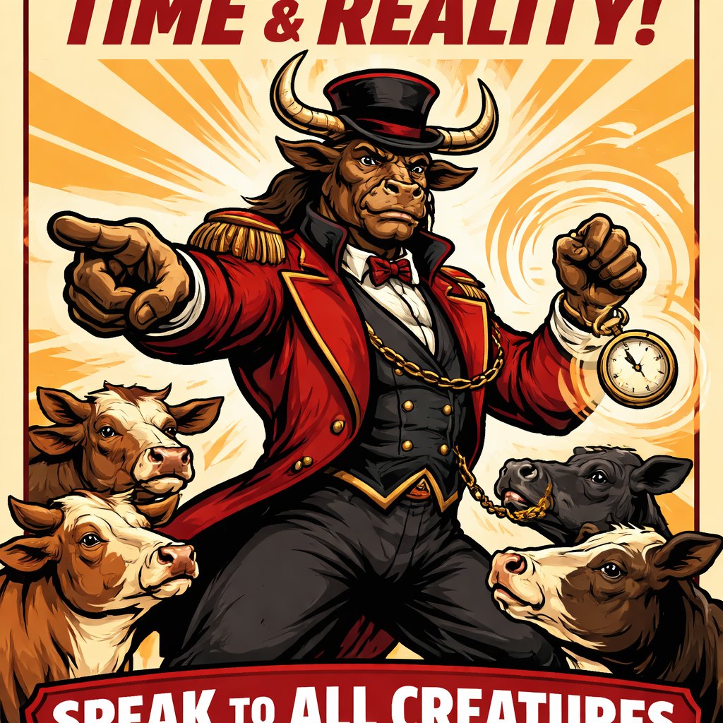 A Minotaur with a well~proportioned figure that works at freak show as the ringmaster. That has gifts/abilities like Reality Rejection, Time Manipulation (Chronokineses), Zoolingualism (Language of Cattle only), Human Speech.