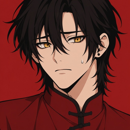 Male, Asian, neck length black hair, yellow eyes, eyeliner, wears red, small mouth, nervous
