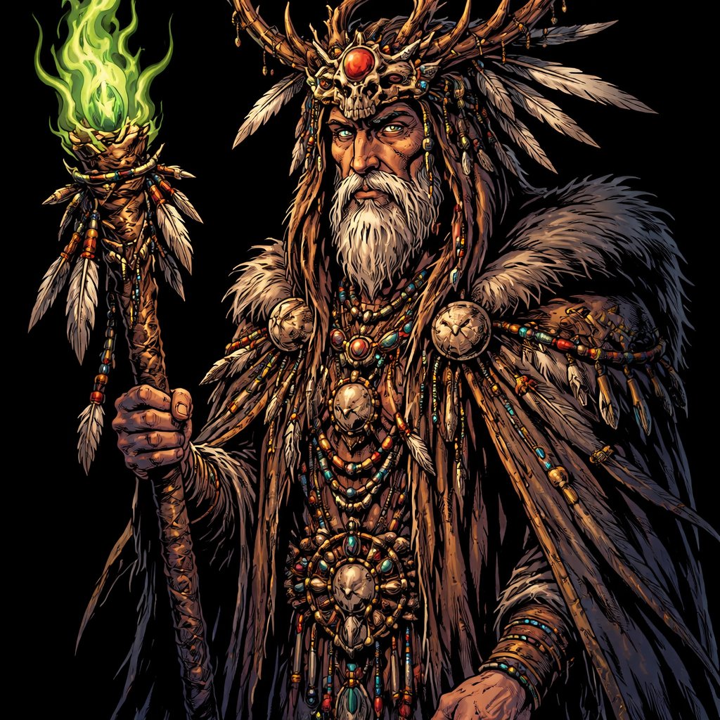 Realistic, refined a shaman dressed like a strange priest we see him in three-quarter view from the left. The background is black. There are no speech bubbles.