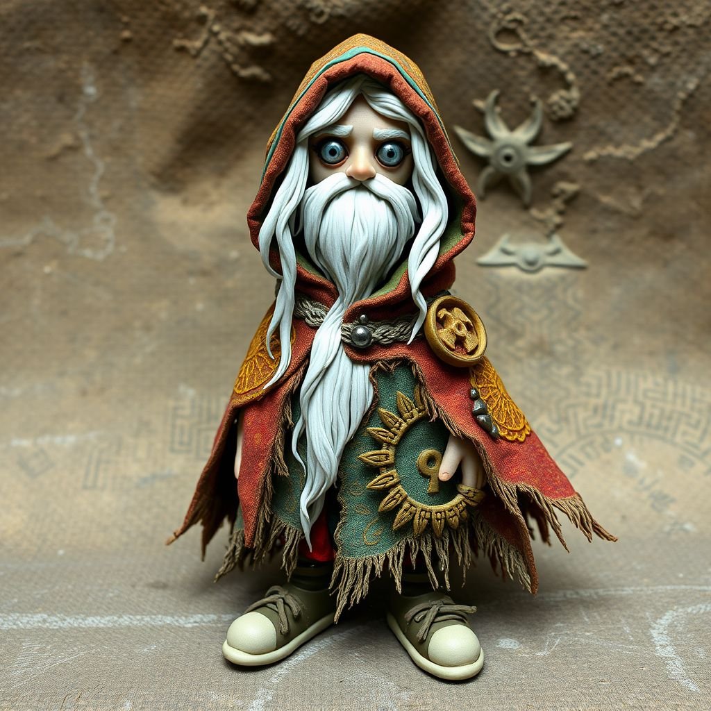 Create old character: The Silver-Eyed Wanderer – A tall, long beard hooded androgynous figure with hair that white. piercing silver eyes seem to see both past and present at once. a long, tattered cloak covered in stitched symbols from lands unknown. Show her whole body head to toe including her shoes.