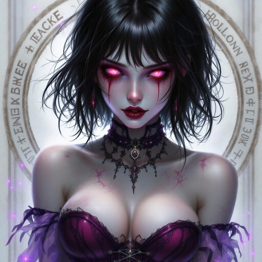 Peaceful Hollow One Zombie Girl shoulder length Black Hair with a Shock of White. She wears a Lavender strapless skin tight mini dress. With a dark red corset
