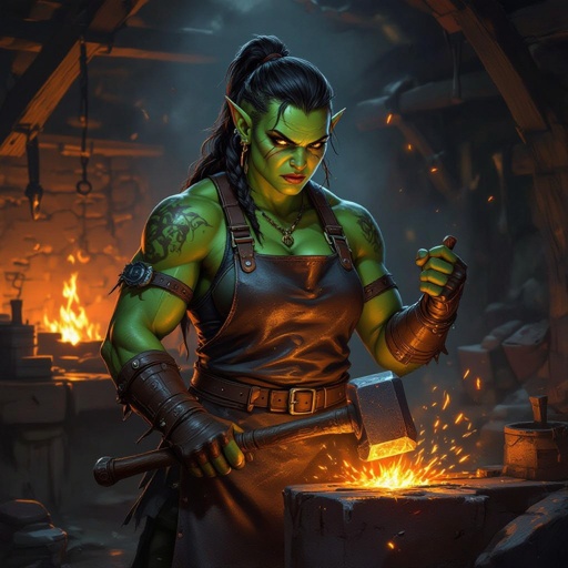 A female half orc blacksmith