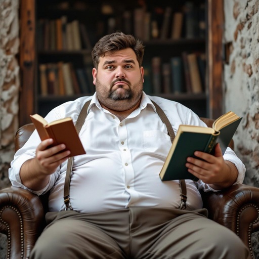 Create a funny fat guy who looks high is has a book box radio 