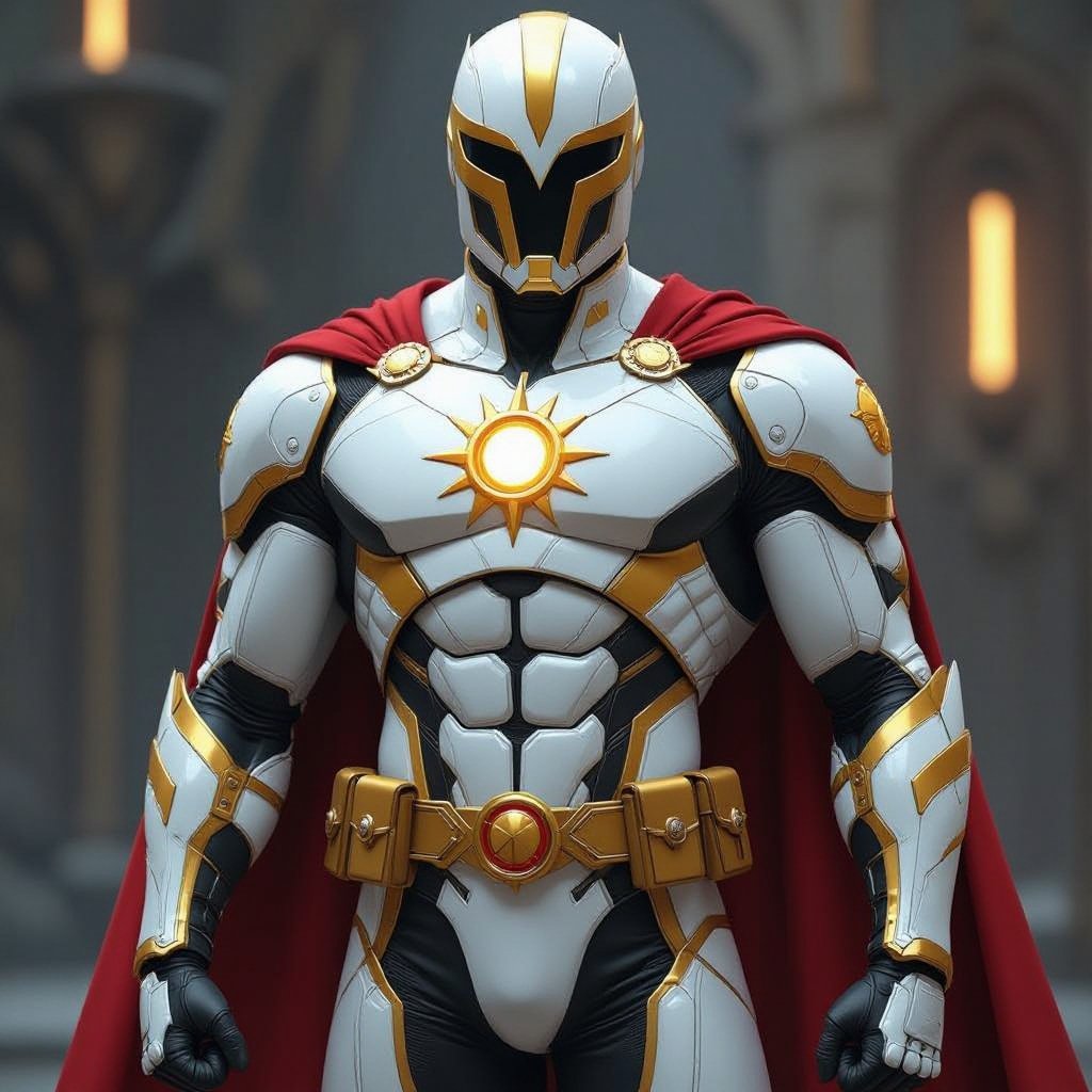 Hero. Half Helm. bright Whites and yellows, slender but muscular, insignia of the scientific symbol of the sun on his chest. NO CAPE NO BELT NO CAPE NO BELT NO CAPE NO BELT NO CAPE NO BELT